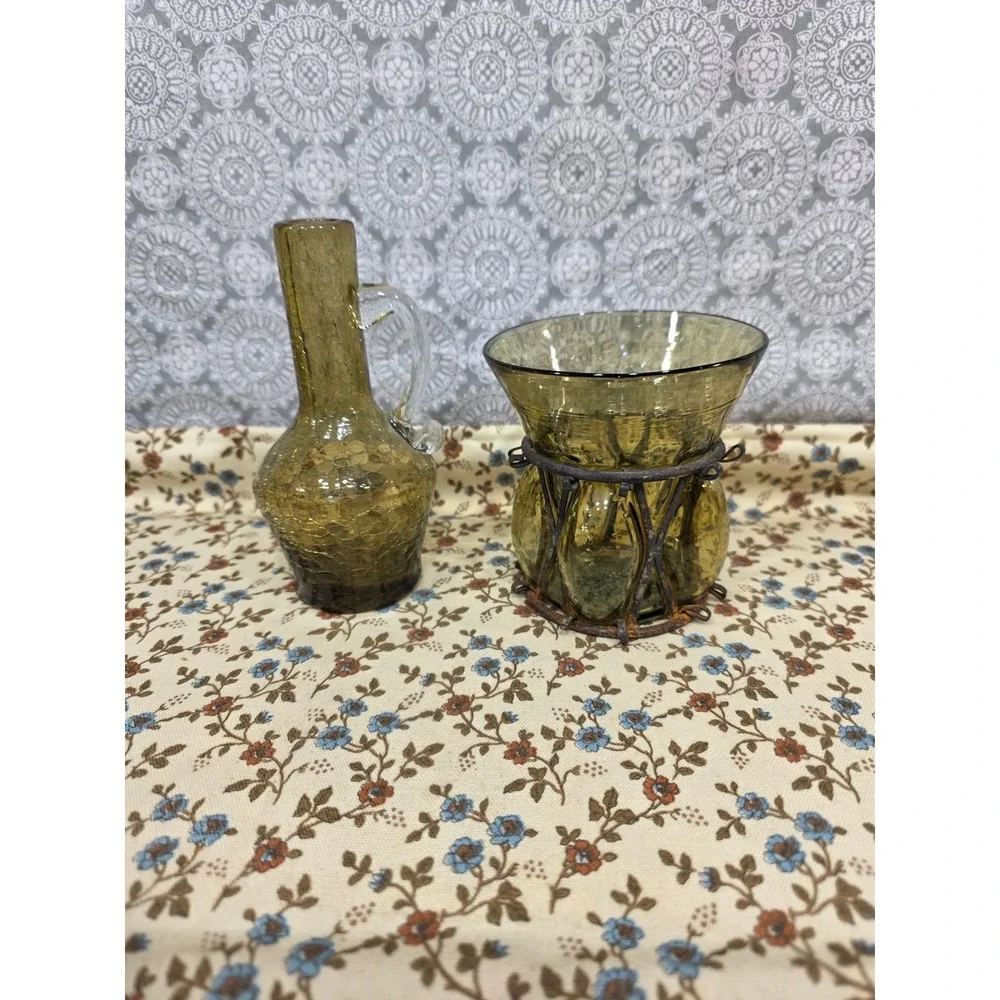 Vintage Crackle Glass Vases Olive Brown Pitcher with Caged‎ Glass Stand Boho Set